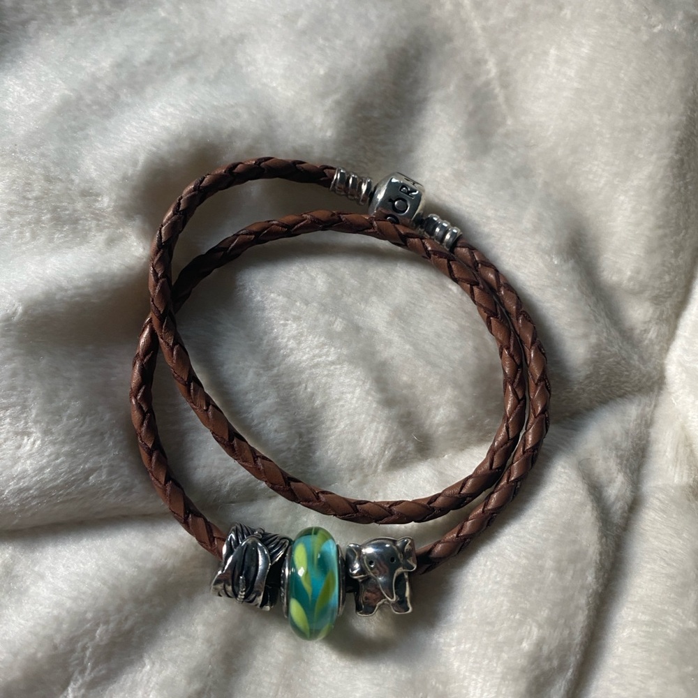 Pandora Brown Braided Leather Wrap Bracelet with Sterling Silver Charms - Picture 6 of 6